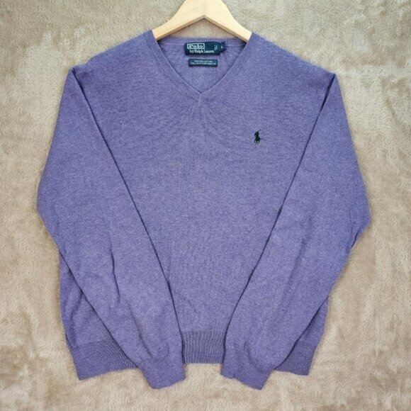 Polo by Ralph Lauren Sweater 100% Pima Cotton V Neck Purple Long Sleeve Size L - Picture 1 of 11